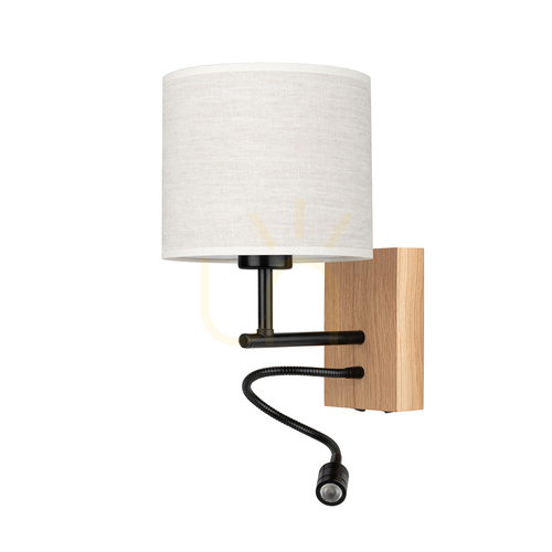 Kontrollera Lector vägglampa, oljad ek/svart, beige lampskärm, 1xE27 + 1xLED 2,8 W, 21,5 cm