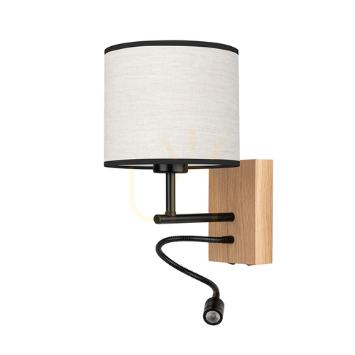 Kontrollera Lector vägglampa, oljad ek/svart, beige-svart lampskärm, 1xE27 + 1xLED 2,8 W, 21,5 cm