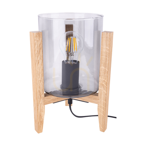 Kontrollera Rökfärgad bordslampa, 1xE27, Max. 60 W, oljad ek/svart PVC/rökt glas, 18 cm