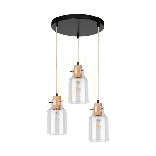 Kontrollera Alessandro taklampa, 3xE27, Max. 60 W, oljad ek/svart metall/genomskinlig PVC-sladd/genomskinlig glasskärm, Ø 30 cm