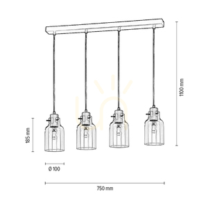 Alessandro taklampa, 4xE27, Max. 60 W, oljad ek/svart metall/genomskinlig PVC-sladd/genomskinlig glasskärm, 75 cm small 2