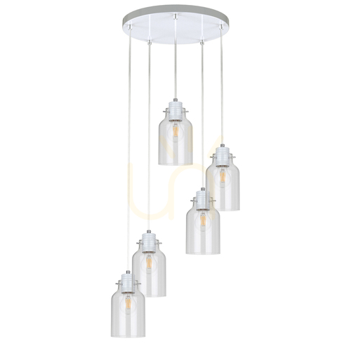 Kontrollera Alessandro taklampa, 5xE27, Max. 60 W, vit metall / genomskinlig PVC-sladd / genomskinlig glasskärm, Ø 35 cm
