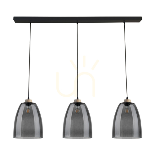 Kontrollera Asmara taklampa, 3xE27, Max. 60 W, oljad ek/svart metall/svart PVC-sladd/lampskärm i rökt glas, 125 cm