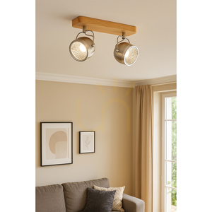 Taklampa i trä med kulform, inklusive 2 st GU10-LED-lampor (max. 6 W), oljad ek/satinmetall, 32 cm small 1