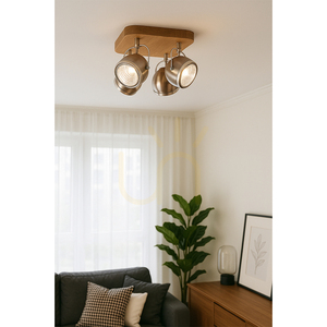 Taklampa i trä med kulform, inklusive 4 st. GU10-LED-lampor (max. 6 W), oljad ek/satinmetall, 29 cm small 1