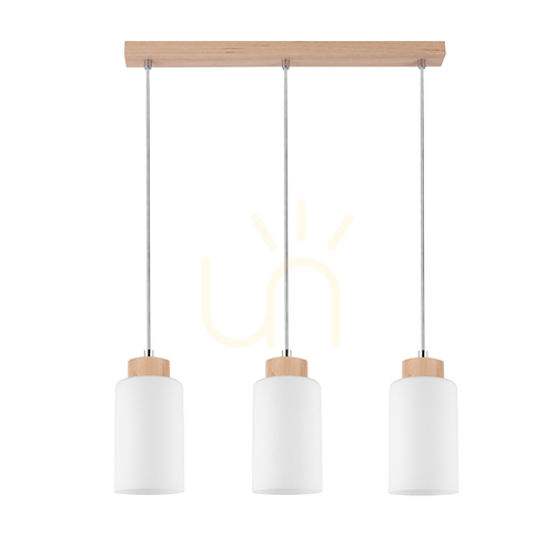 Kontrollera Bosco taklampa, 3xE27, Max. 60 W, björk/genomskinlig PVC-sladd/vit glasskärm, 52 cm