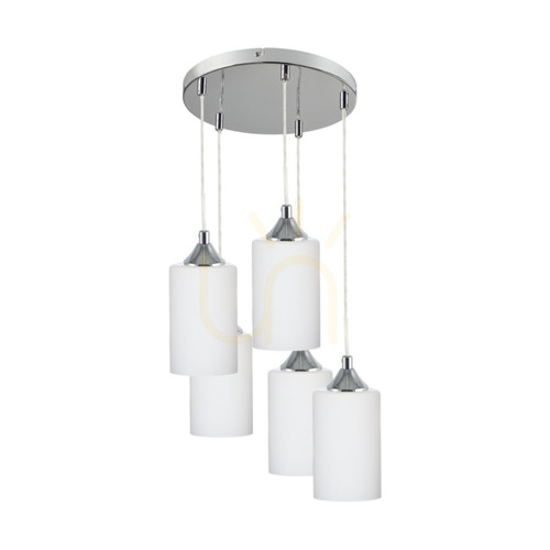 Kontrollera Bosco Mix taklampa, 5xE27, Max. 60 W, krommetall / genomskinlig PVC-sladd / vit glasskärm, Ø 40 cm
