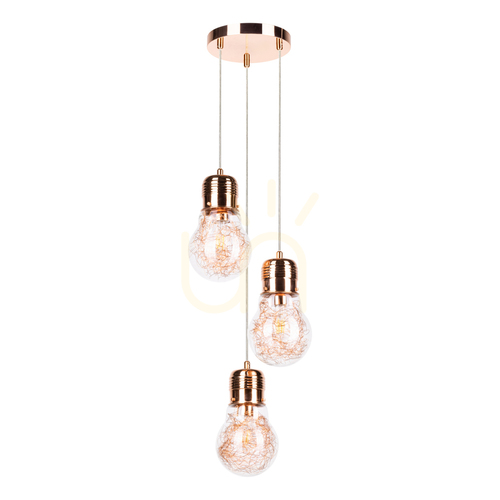 Kontrollera Lampskärm med glödlampa, 3xE27 max. 60 W kopparmetall / genomskinlig PVC-sladd / genomskinlig glasskärm, Ø 20 cm