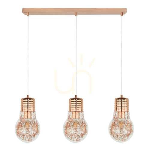 Kontrollera Lampskärm med glödlampa, 3xE27 max. 60 W kopparmetall/genomskinlig PVC-sladd/genomskinlig glasskärm, 60 cm