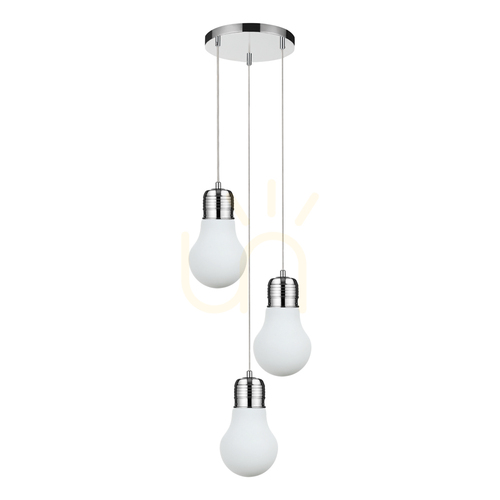 Kontrollera Lampskärm med glödlampa, 3xE27, Max. 60 W, krommetall / genomskinlig PVC-sladd / vit glasskärm, Ø 33 cm