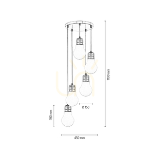 Lampskärm med glödlampa, 5xE27, Max. 60 W, krommetall / genomskinlig PVC-sladd / vit glasskärm, Ø 45 cm small 3
