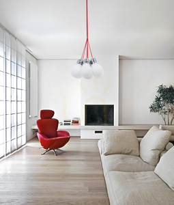 Lampskärm med glödlampa, 7xE27, Max. 60 W, kromfärgad metall/röd flätad sladd/vit glasskärm, Ø 45 cm small 2