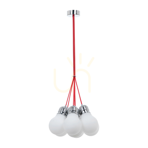 Kontrollera Lampskärm med glödlampa, 7xE27, Max. 60 W, kromfärgad metall/röd flätad sladd/vit glasskärm, Ø 45 cm
