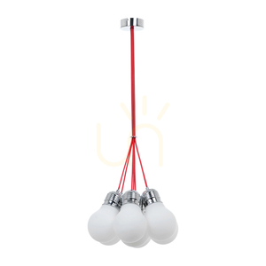 Lampskärm med glödlampa, 7xE27, Max. 60 W, kromfärgad metall/röd flätad sladd/vit glasskärm, Ø 45 cm small 0