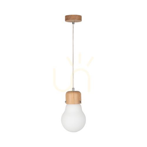 Kontrollera Bulb Wood taklampa, 1xE27, Max. 60 W, oljad ek / genomskinlig PVC-sladd / vit glasskärm, Ø 15 cm