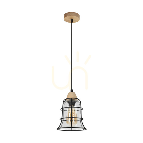 Kontrollera Chicka taklampa, 1xE27, Max. 60 W, björk/svart metall/svart PVC-sladd/klar glasskärm, Ø 16,5 cm