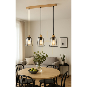 Chicka taklampa, 3xE27, Max. 60 W, björk/svart metall/svart PVC-sladd/klar glasskärm, 75 cm small 2