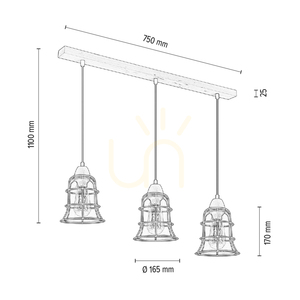 Chicka taklampa, 3xE27, Max. 60 W, björk/svart metall/svart PVC-sladd/klar glasskärm, 75 cm small 3