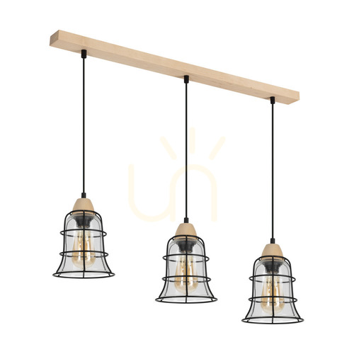 Kontrollera Chicka taklampa, 3xE27, Max. 60 W, björk/svart metall/svart PVC-sladd/klar glasskärm, 75 cm