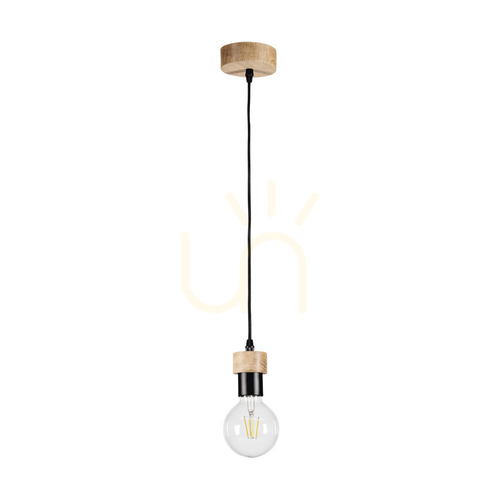 Kontrollera Clarte Wood taklampa, 1xE27, Max. 60 W, oljad ek/svart metall/svart flätad kabel, Ø 10 cm