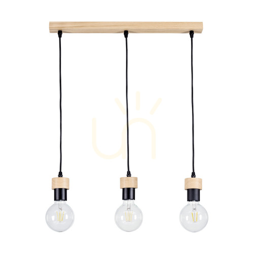 Kontrollera Clarte Wood taklampa, 3xE27, Max. 60 W, oljad ek/svart metall/svart flätad kabel, 55 cm