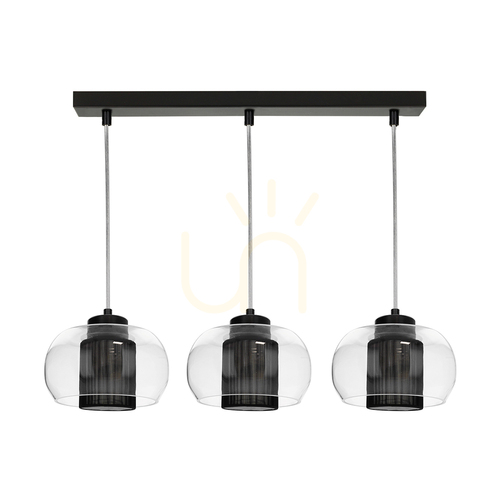 Kontrollera Cordia taklampa, 3xE14, Max. 9 W, svart metall / genomskinlig PVC-sladd / genomskinlig glasskärm / svart lampskärm, 50 cm
