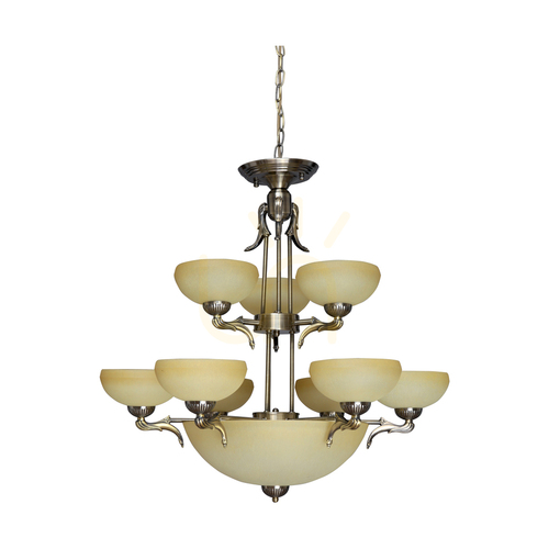 Kontrollera Kronljuset Cremona, 12xE27, Max. 60 W, metallpatina/ekrufärgade glasskärmar, Ø 75,5 cm