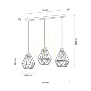 Diament taklampa, 3xE27, Max. 60 W, oljad ek/svart metall/svart PVC-sladd/svart metallskärm, 80 cm small 3