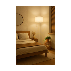 Eros golvlampa, 1xE27 (max. (60 W), 1 st LED 3000 K 3 W, satinmetall/genomskinlig PVC-sladd/vit lampskärm Ø 40 cm small 5