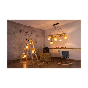 Eskalo golvlampa, 4xE27, Max. 15 W LED, brunbehandlad furu / svart PVC-sladd / beige lampskärm i linne med svart kant, 82 cm small 3