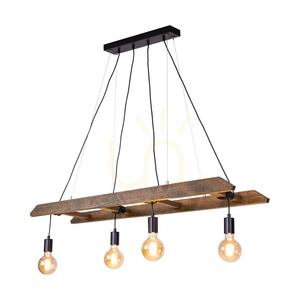 Eskalo 4xE27 taklampa, Max. 60 W, furu i valnötsfärg / svart metall / svart PVC-kabel, 123,5 cm small 1