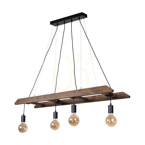 Kontrollera Eskalo 4xE27 taklampa, Max. 60 W, furu i valnötsfärg / svart metall / svart PVC-kabel, 123,5 cm