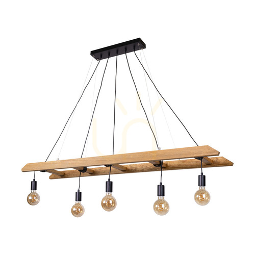 Kontrollera Eskalo taklampa, 5xE27, Max. 60 W, brunbehandlad furu / svart metall / svart PVC-kabel, 154 cm