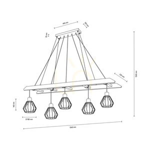 Eskalo taklampa, 5xE27, Max. 60 W, brunbehandlad furu / svart metall / svart PVC-sladd / svart metallskärm, 154 cm small 3