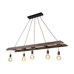 Eskalo taklampa, 5xE27, Max. 60 W, furu i valnötsfärg / svart metall / svart PVC-kabel, 154 cm small 1