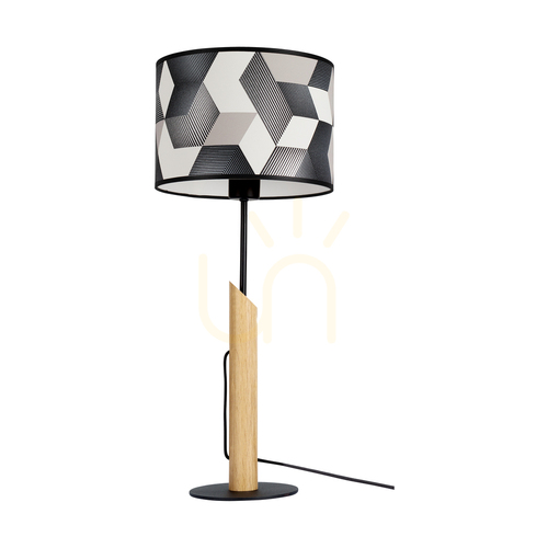 Kontrollera Espacio bordslampa, 1xE27, Max. 60 W, oljad ek/svart metall/svart PVC-sladd/flerfärgad lampskärm av tapet, Ø 27 cm