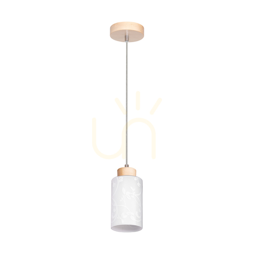 Kontrollera Flores taklampa, 1xE27, Max. 60 W, björk/genomskinlig PVC-sladd/vit glasskärm med blommönster, Ø 10 cm