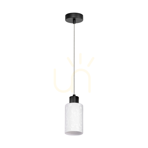 Kontrollera Flores taklampa, 1xE27, Max. 60 W, svart metall/genomskinlig PVC-sladd/vit glasskärm med blommönster, Ø 10 cm