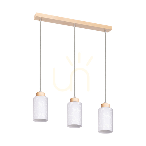 Kontrollera Flores taklampa, 3xE27, Max. 60 W, björk/genomskinlig PVC-sladd/vit glasskärm med blommönster, 54 cm
