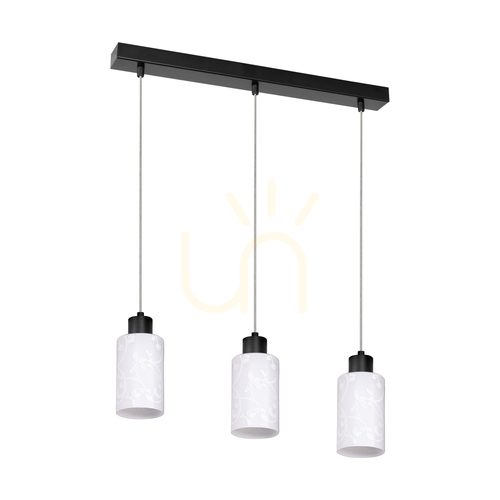 Kontrollera Flores taklampa, 3xE27, Max. 60 W, svart metall/genomskinlig PVC-sladd/vit glasskärm med blommönster, 57 cm