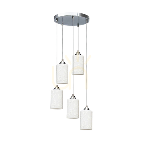 Kontrollera Blommor taklampa, 5xE27, Max. 60 W, krommetall / genomskinlig PVC-sladd / vit glasskärm med blommönster, Ø 35 cm