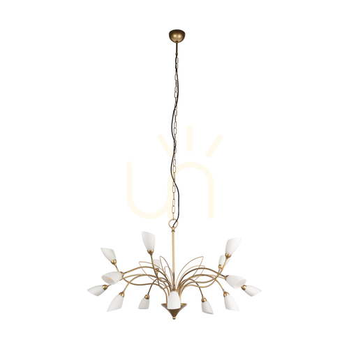 Kontrollera Gloriosa taklampa, 15xG9, Max. 6 W LED, guldmetall/svart PVC-kabel/vit glasskärm, Ø 108 cm