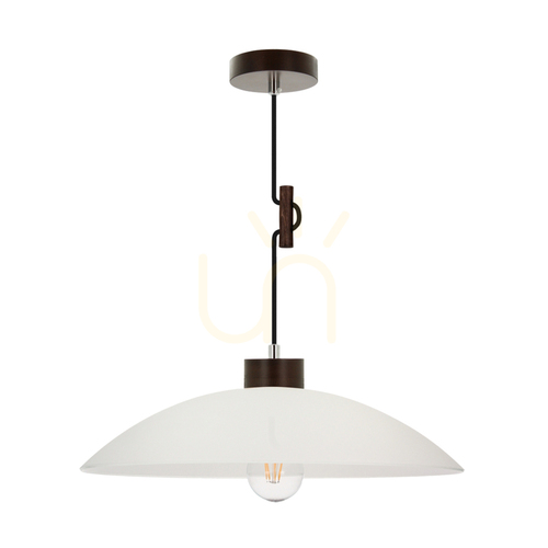 Kontrollera Jona taklampa, 1xE27, Max. 60 W, bok- och valnötsträ, flätad sladd, vit glasskärm, Ø 40 cm