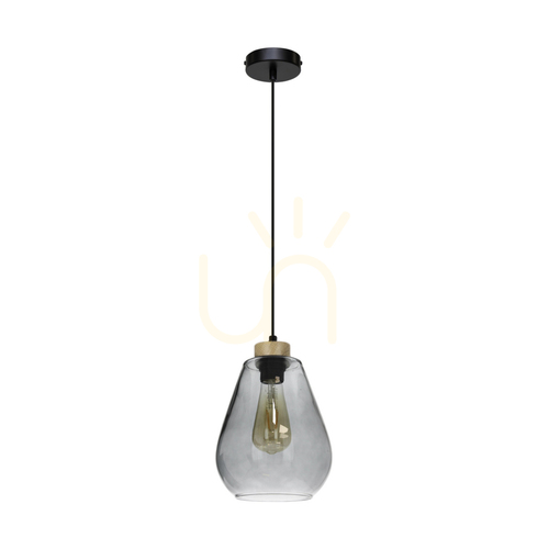 Kontrollera Kigali taklampa 1xE27 Max. 60 W, oljad ek/svart metall/svart PVC-sladd/lampskärm i rökt glas, Ø 19 cm