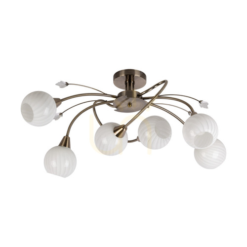 Kontrollera Marbella taklampa, 6xE14, Max. 40 W, metall med patina/vit glasskärm, 80 cm