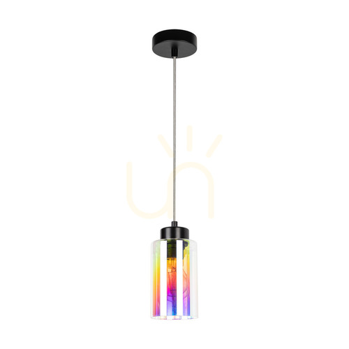 Kontrollera Meno taklampa, 1xE27, Max. 60 W, svart metall/genomskinlig PVC-sladd/flerfärgad glasskärm, Ø 10 cm