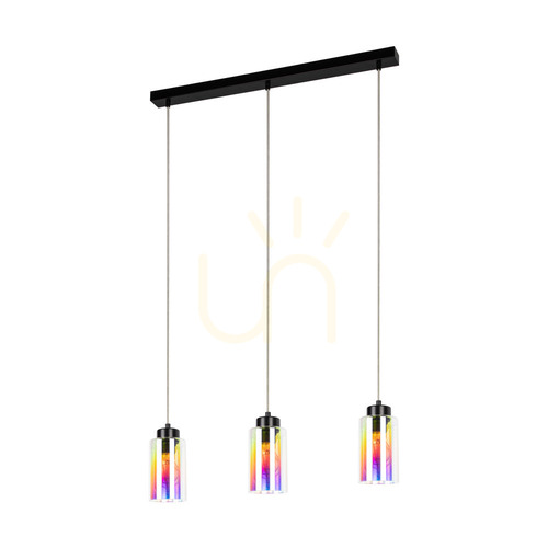 Kontrollera Meno taklampa, 3xE27, Max. 60 W, svart metall/genomskinlig PVC-sladd/flerfärgad glasskärm, 54 cm