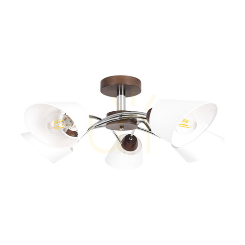 Kontrollera Mette Wood taklampa, 5xE27, Max. 40 W, bok- och valnötsträ / krommetall / vit lampskärm, Ø 70 cm