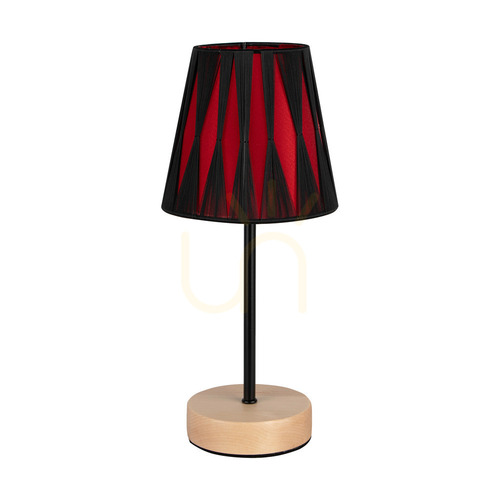 Kontrollera Mila bordslampa i trä, 1xE14, Max. 40 W, björk/svart metall/svart PVC-sladd/svart och röd lampskärm, Ø 14 cm