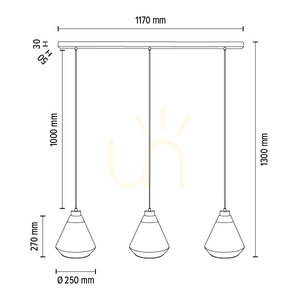 Mistral taklampa, 3xE27, Max. 60 W, svart metall/genomskinlig PVC-sladd/guld-genomskinlig glasskärm, 117 cm small 6